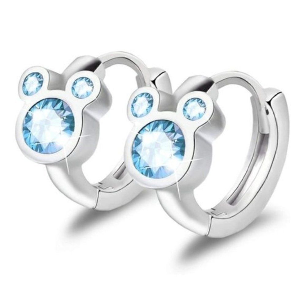 14K White Gold S925 Blue Sapphire Cubic Zirconia Mickey Mouse Huggie Earrings